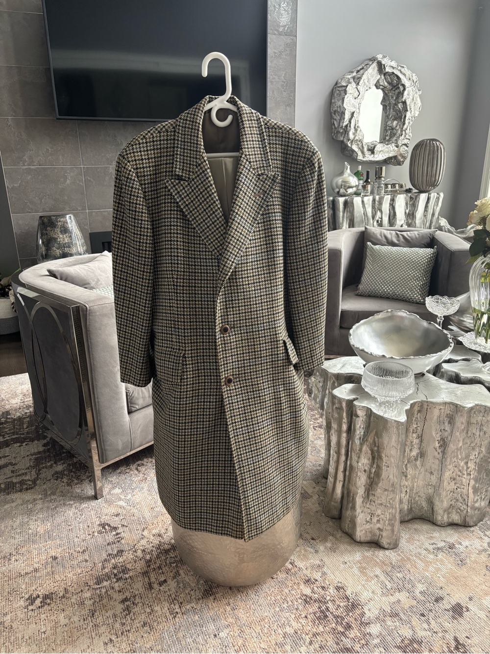 Men's Houndstooth Wool-Blend fall winter coat dress  museum quality 1970 vintage
